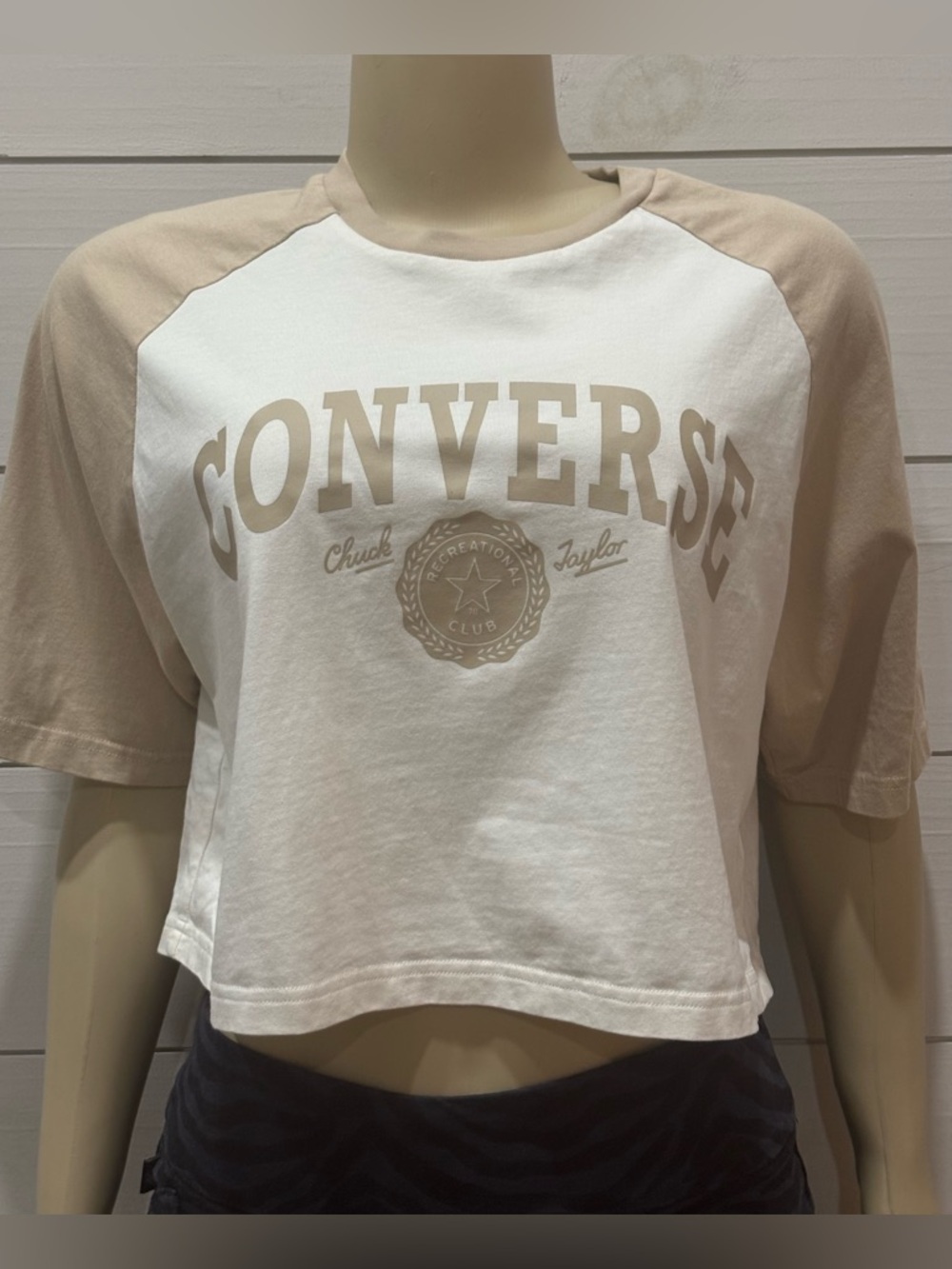 Converse Cropped Raglan Tee in White and Beige